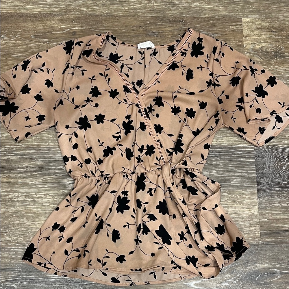 Sienna Sky Floral V-Neck Blouse - Black and Tan